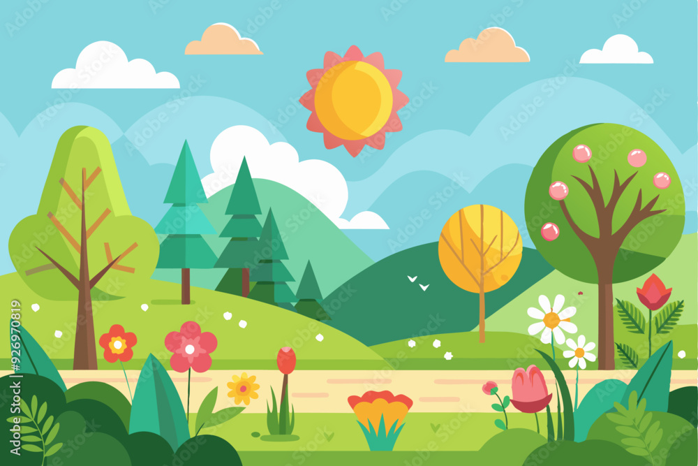 Fototapeta premium Sunny Spring Day with Flowers and Trees in a Park