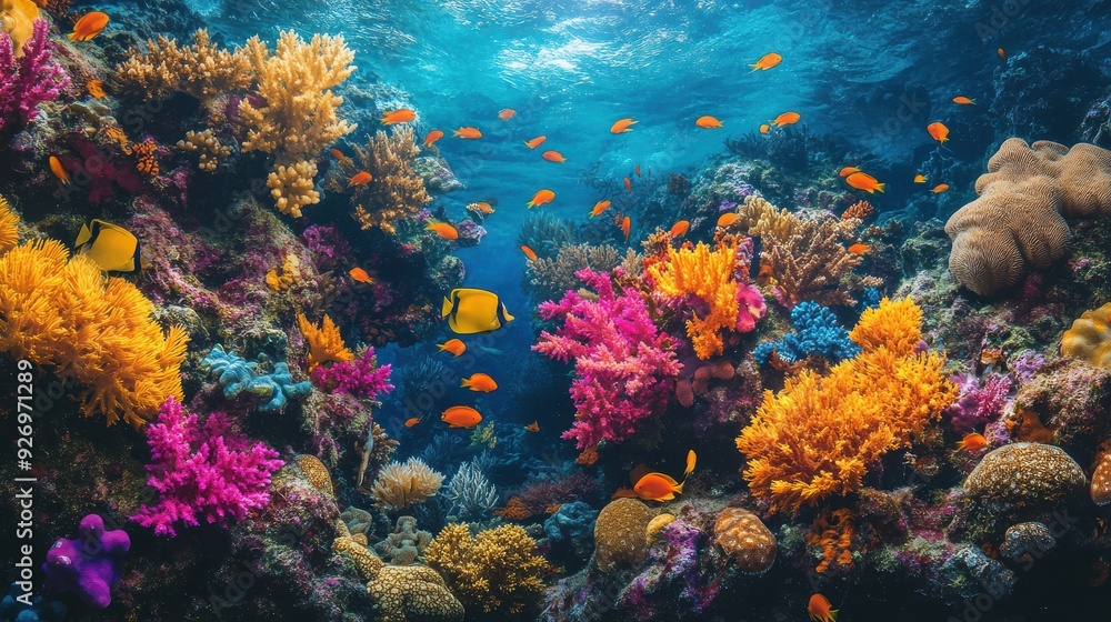 Close-up of a coral reef showing vibrant colors, fish, and some dead coral Close-up of a coral reef showing vibrant colors, fish, and some dead coral
