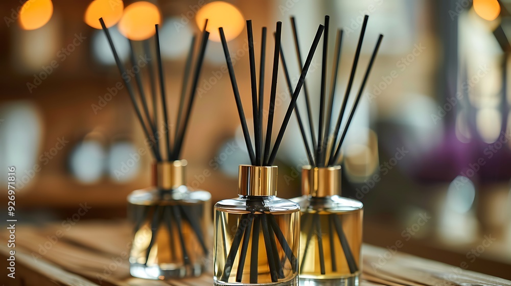 Several stylish reed diffusers with black reeds are arranged thoughtfully on a wooden surface