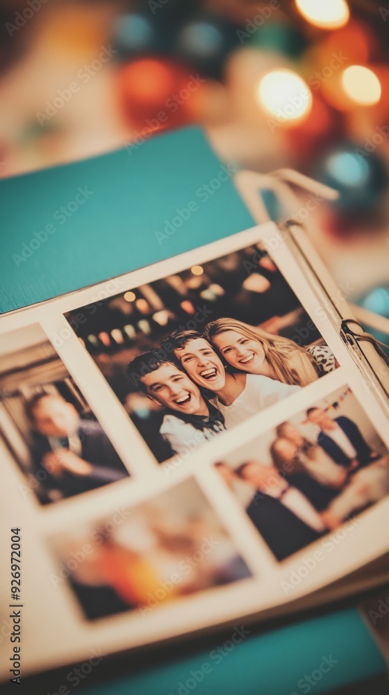 Fototapeta premium A close-up of an album with vibrant photos of happy moments and friends, surrounded by festive bokeh lights.