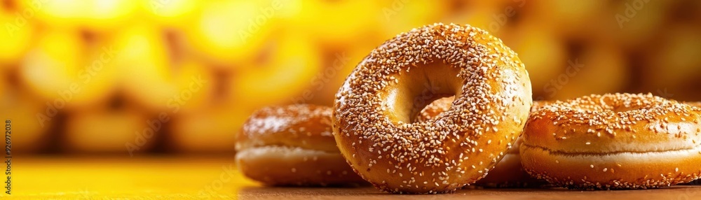 Close-up of freshly baked sesame seed bagels with a warm, bokeh background. Close-up of freshly baked sesame seed bagels with a warm, bokeh background.