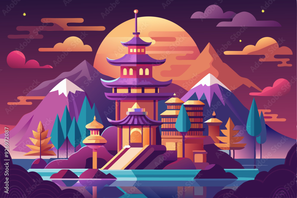 Japanese Temple at Sunset with Mountains and Moon Japanese Temple at Sunset with Mountains and Moon