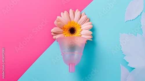 Silicone menstrual cup with flower on colorful background photo