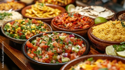 Close-up of a Mexican food spread, featuring a variety of dishes