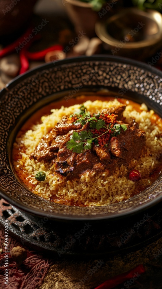 A beautifully plated dish of spicy Indian curry served over a bed of saffron rice, garnished with herbs in an ornate bowl. A beautifully plated dish of spicy Indian curry served over a bed of saffron rice, garnished with herbs in an ornate bowl.