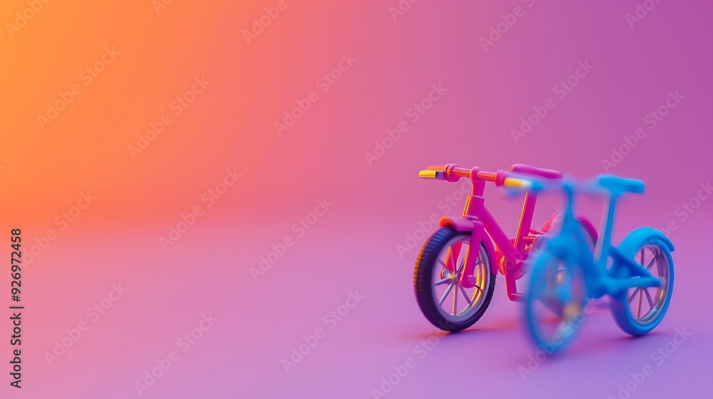 Fototapeta premium small figurines bike object macro toy on pink and purple background