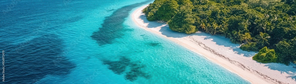 Fototapeta premium Aerial view of a tropical island with lush vegetation and white sandy beach.