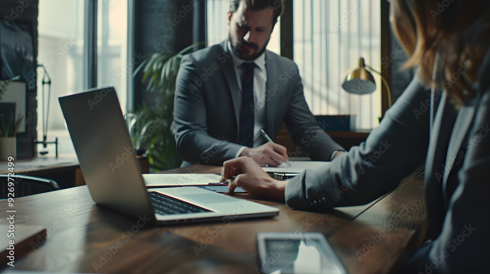Fototapeta premium A businessman in a suit and a woman with her hand on a desk