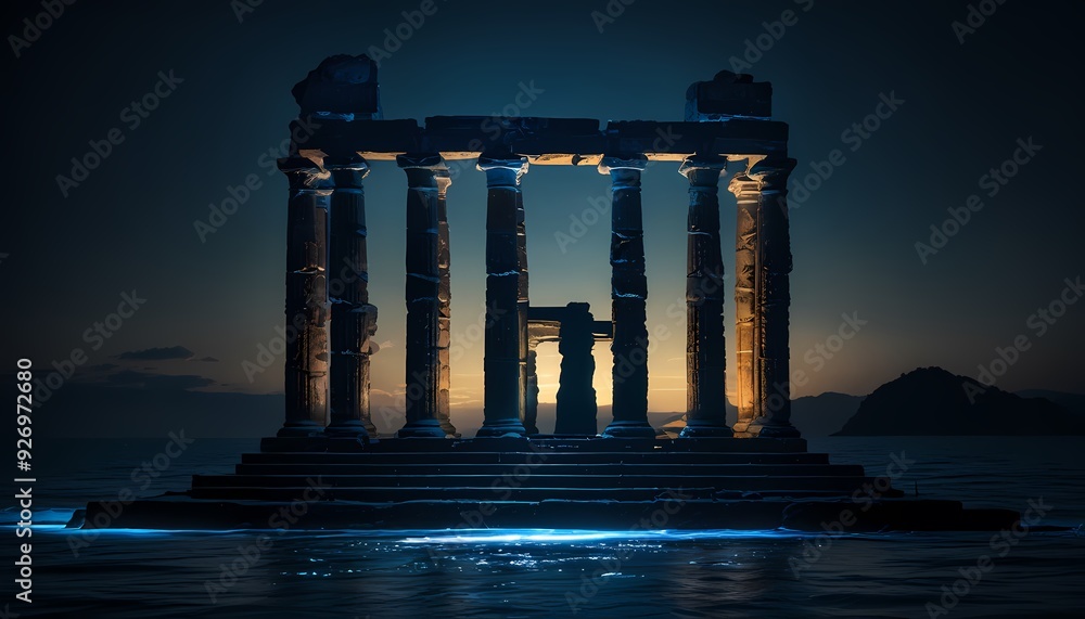 Fototapeta premium Ancient ruins against the backdrop of the dark deep sea, emitting an inviting light