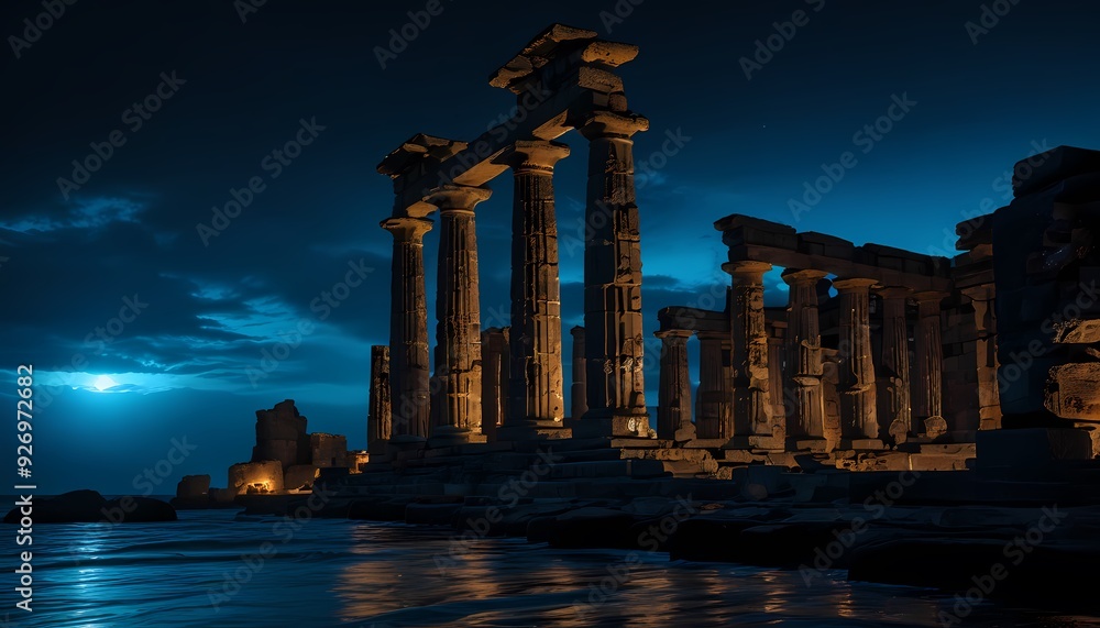 Fototapeta premium Ancient ruins against the backdrop of the dark deep sea, emitting an inviting light