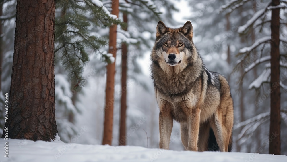 Majestic wolf standing in a snowy forest, piercing eyes, winter landscape, tall pine tree Majestic wolf standing in a snowy forest, piercing eyes, winter landscape, tall pine tree