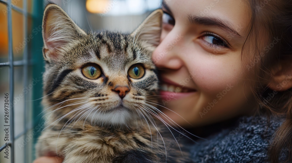 Close-up of an animal shelter scene: a happy cat and volunteer with pets available for adoption Close-up of an animal shelter scene: a happy cat and volunteer with pets available for adoption