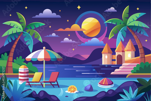 Nighttime Tropical Beach Scene with Castle and Palm Trees