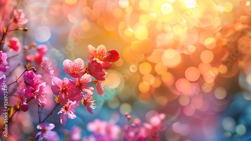 Spring flowers branch on colorful background