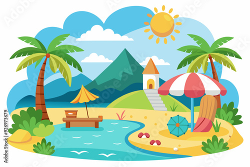 Tropical Beach Scene with Palm Trees, Sun, and Umbrella