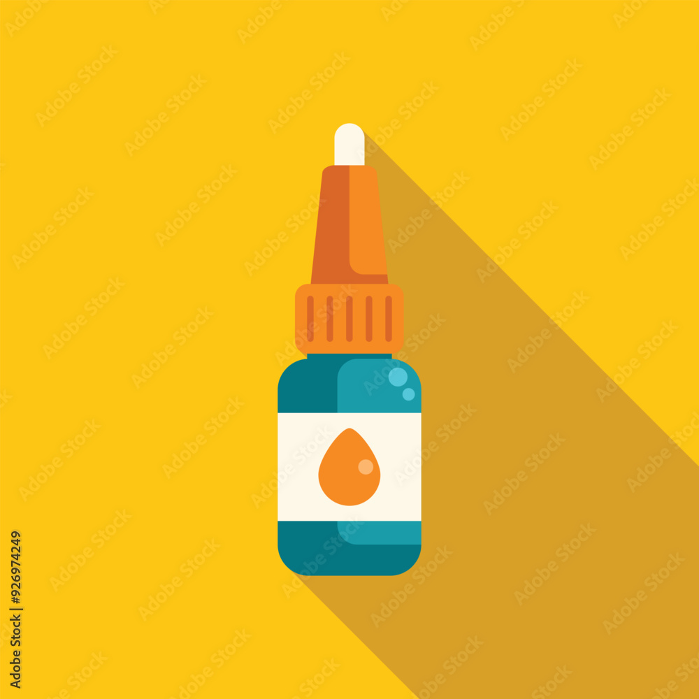 Small blue dropper bottle containing orange liquid for medical use is standing on a yellow background Small blue dropper bottle containing orange liquid for medical use is standing on a yellow background