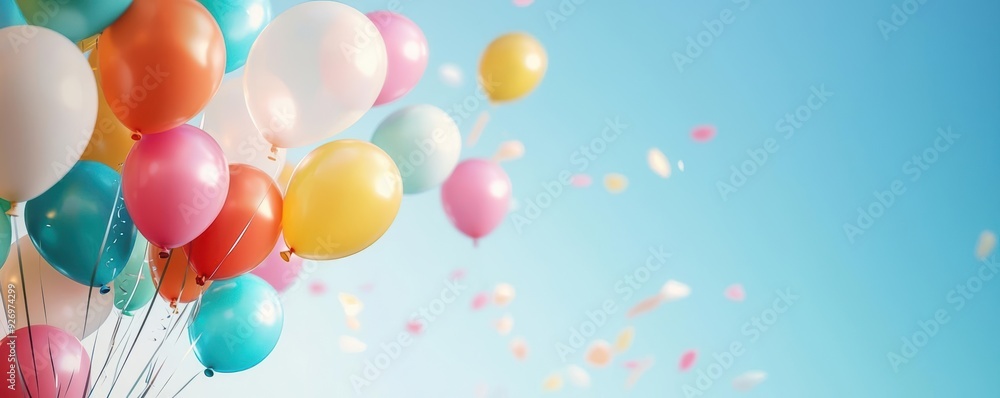 Colorful balloons floating in the sky with confetti. Colorful balloons floating in the sky with confetti.