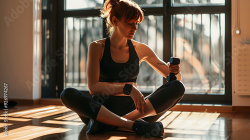 A fit woman in her thirties sitting on the floor of an apartment, doing sport photo