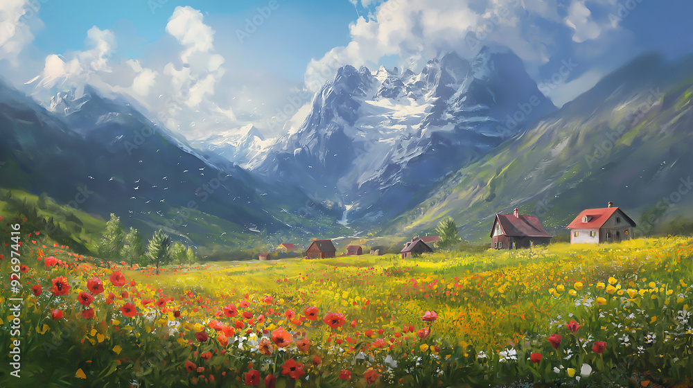 bright art mountains, flowers, houses bright art mountains, flowers, houses