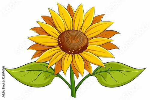 A cartoon drawing of a sunflower with two leaves