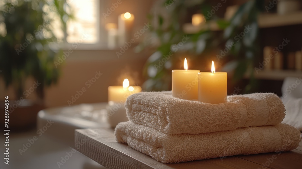 Close-up of spa essentials with candles and towels, serene setting Close-up of spa essentials with candles and towels, serene setting