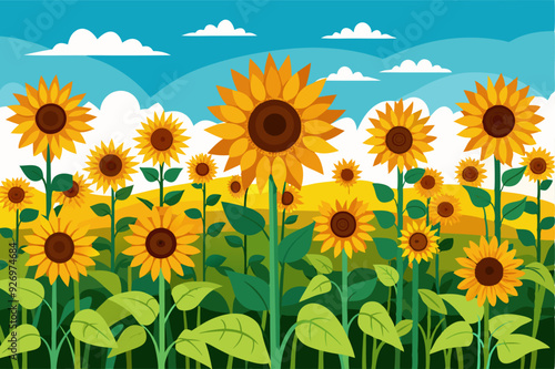 Sunflowers Blooming in a Field with Blue Sky and White Clouds