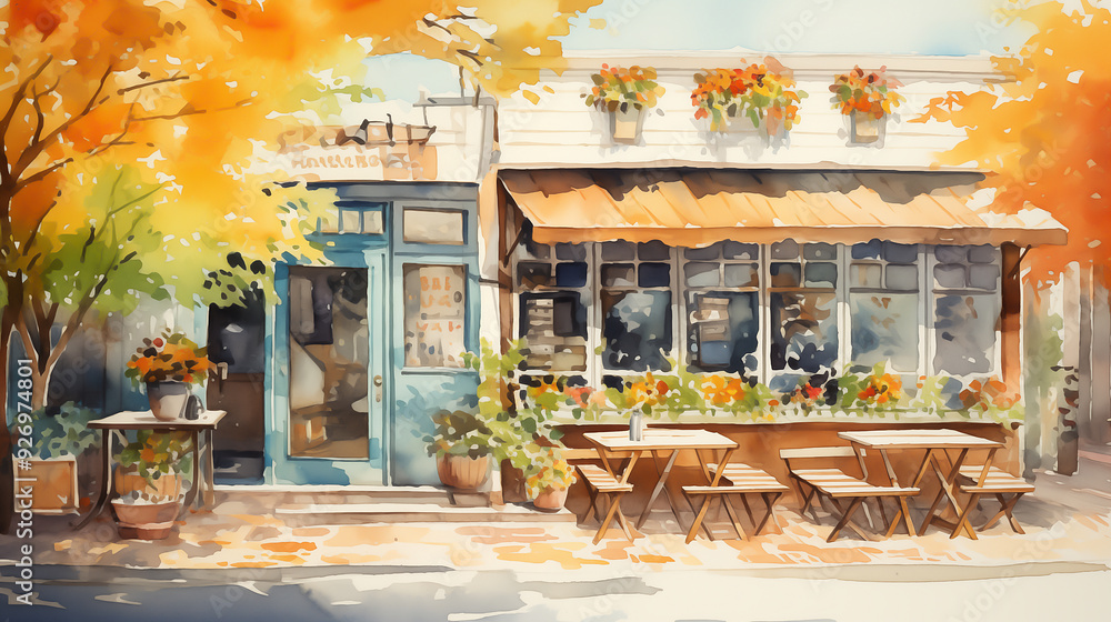 Coffee shops on a sunny late summer day watercolor illustration style Coffee shops on a sunny late summer day watercolor illustration style