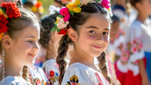 Spanish Descendants Cultural Heritage Celebration, Traditional Month, Vibrant Costumes, Joyous Expressions, Festive Backdrop