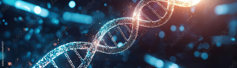 Abstract DNA strand with blue and orange glow on dark background. Abstract DNA strand with blue and orange glow on dark background.