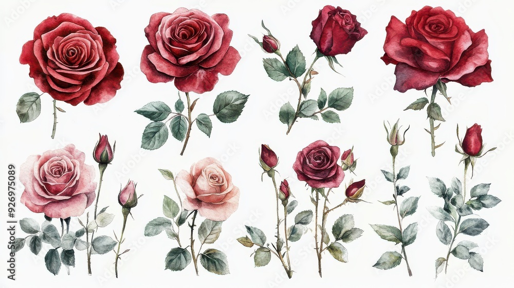 Fototapeta premium Collection of watercolor roses and foliage, botanical illustration