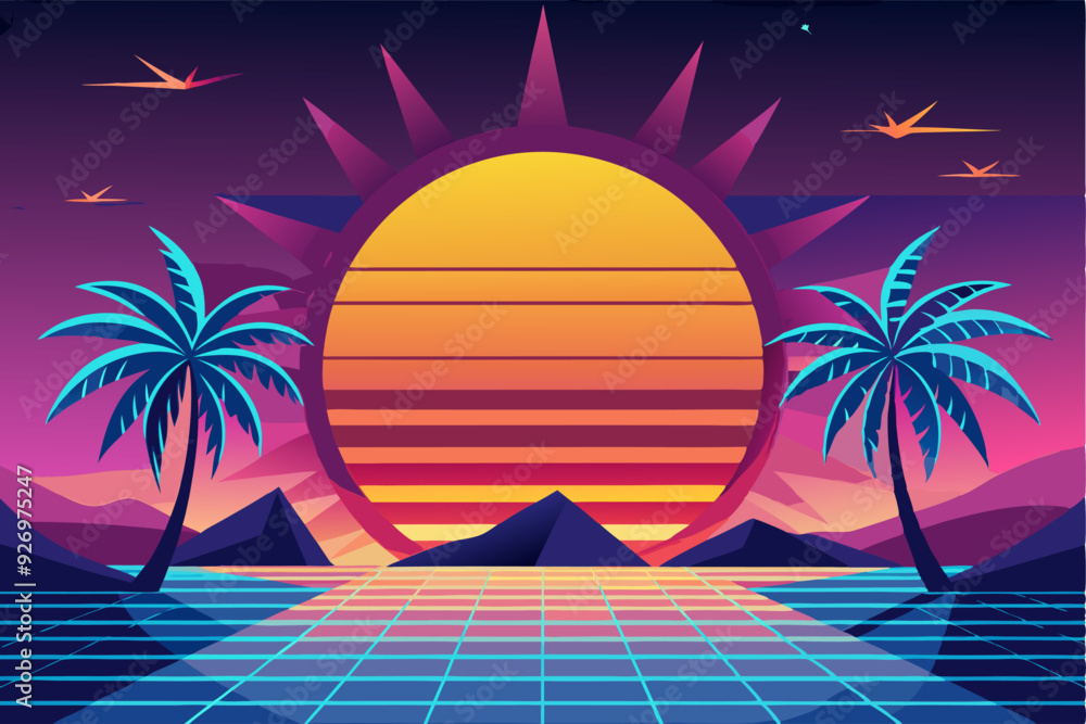Fototapeta premium Retro Sunset Landscape with Palm Trees and Geometric Grid
