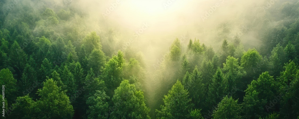 Aerial view of a lush green forest with mist and sunlight. Aerial view of a lush green forest with mist and sunlight.