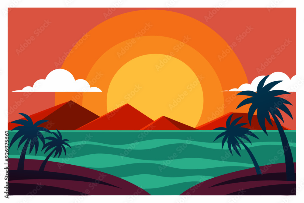 Obraz premium Sunset over a Tropical Beach with Palm Trees and Mountains