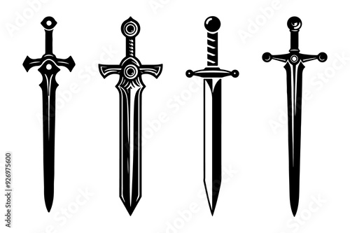 Set of Sword silhouette vector illustration isolated on transparent background - Generative AI