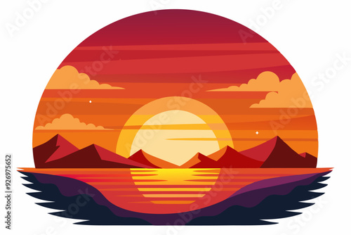 Sunset over mountains and ocean with a vibrant orange sky