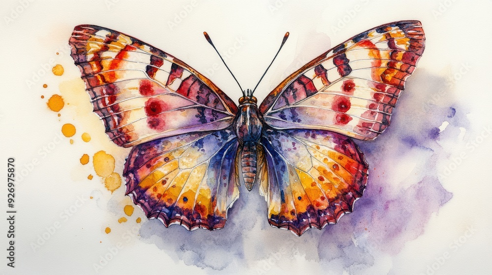 Obraz premium Detailed close-up of a butterfly drawing with red, yellow, and purple watercolor