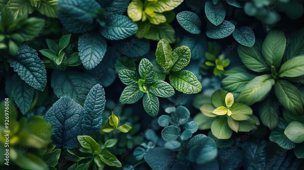 Detailed close-up of an herbal backdrop with diverse plant textures Detailed close-up of an herbal backdrop with diverse plant textures