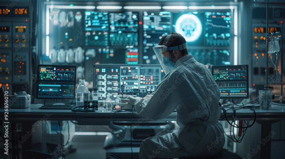Advanced Medical Device Technician Repairing with Holographic Patient Data in Hospital Setting - Copy Space for Text Above Advanced Medical Device Technician Repairing with Holographic Patient Data in Hospital Setting - Copy Space for Text Above