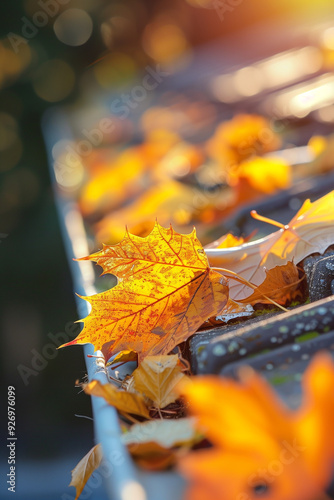  Removing autumn leaves from roof gutters in winter preparation photo