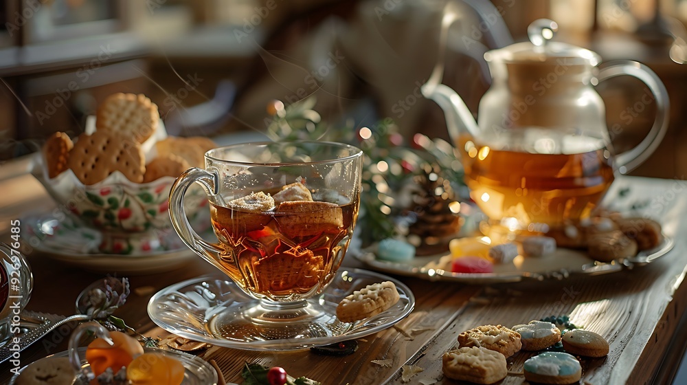 the made tea with cookies and candies on a table the made tea with cookies and candies on a table