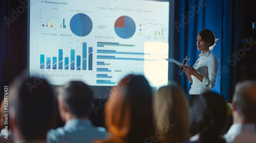 Business presentation with a female speaker presenting data