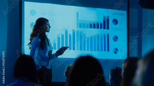 Business presentation with a female speaker presenting data