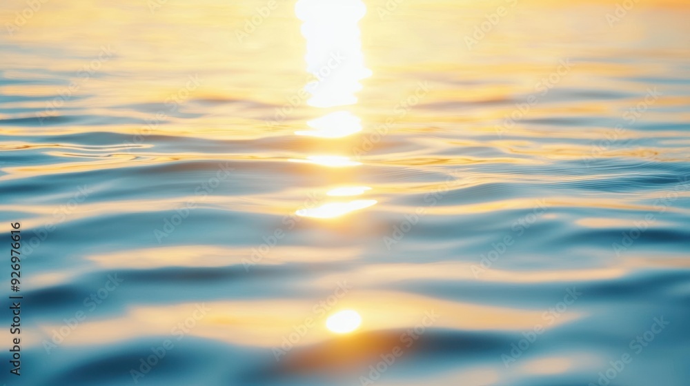 Golden sunset reflecting on a calm water surface, warm hues blending with the cool blue, peaceful and mesmerizing, HD quality Golden sunset reflecting on a calm water surface, warm hues blending with the cool blue, peaceful and mesmerizing, HD quality