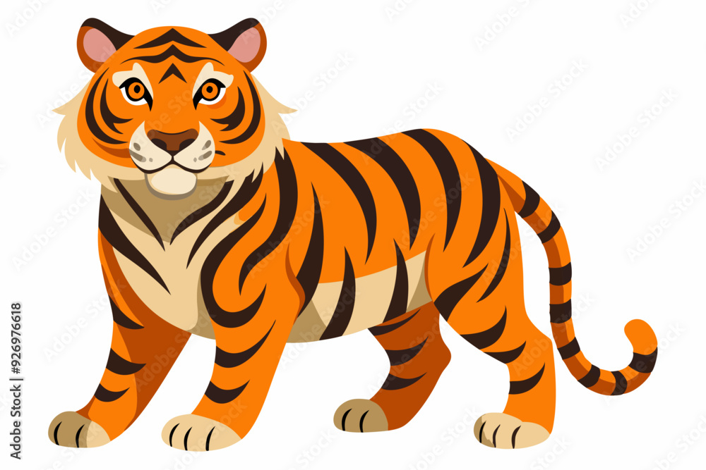 Naklejka premium Standing Orange and Black Striped Tiger with a Curled Tail