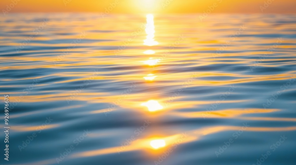 Fototapeta premium Golden sunlight reflects on calm ocean water at sunrise.