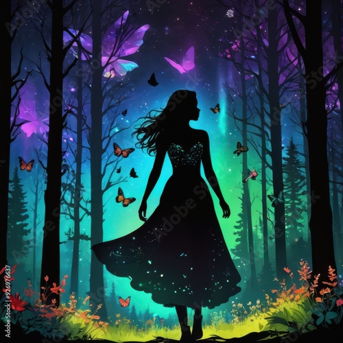 Fairy tale girl dancing in a magical forest at night, dressed in glamorous fashion