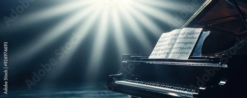 Grand piano with sheet music under spotlight