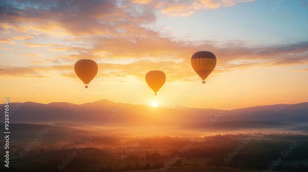 Three hot air balloons soar through a vibrant sunrise over misty mountains. Three hot air balloons soar through a vibrant sunrise over misty mountains.