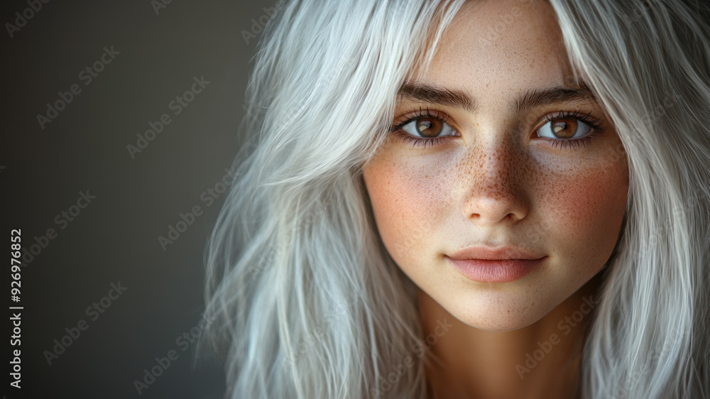 A cute teenager model with freckles and platinum blond hair. Direct gaze. Copy space. A young girl. A cute teenager model with freckles and platinum blond hair. Direct gaze. Copy space. A young girl.