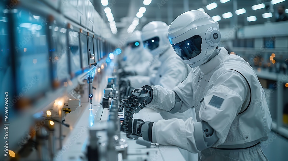 Future Technology: Engineers Testing New Materials in High-Tech Lab with Robotic Assistants (upper two-thirds blank for text) Future Technology: Engineers Testing New Materials in High-Tech Lab with Robotic Assistants (upper two-thirds blank for text)